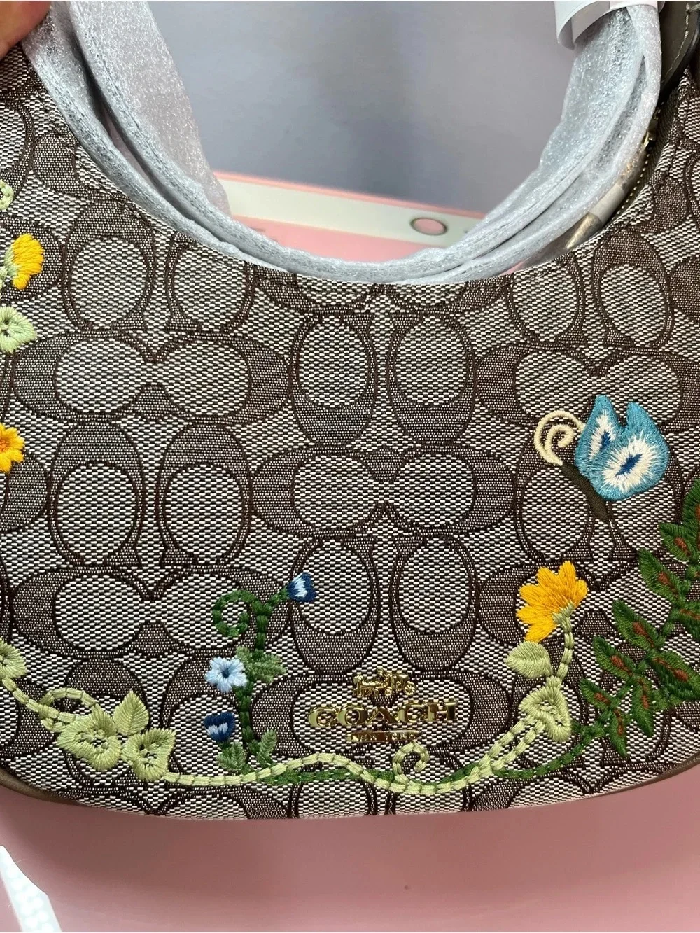 Coach Brown Signature Canvas Shoulder Bag with Floral Embroidery